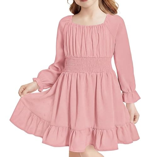 Image of JiAmy Girls Dress Square Neck Long Sleeve A-Line Swing Dresses Kids Casual Elegant Birthday Party Princess Clothes for Girl 7-8 Years Pink