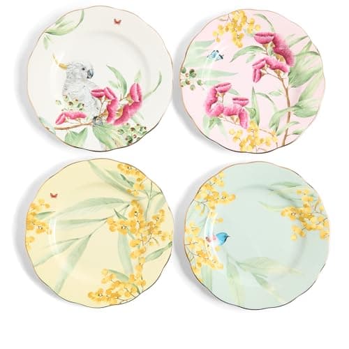 Image of Royal Albert Miranda Kerr Australiana Fine Bone China Plates, Set of 4, Gold-Trimmed Floral Design with Native Birds