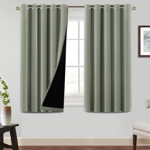 Image of BellaHills 100% Blackout Curtains for Bedroom Thermal Insulated Blackout Curtain Heat and Full Light Blocking Eyelet Curtains for Living Room with Black Liner 2 Panels, 66 x 54 Inch, Light Sage