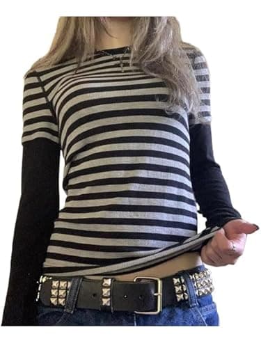 Image of SANSIWU Women Long Sleeve Gothic Grunge Tee Tops Y2k Vintage Striped Graphic Crewneck Oversized Pullover (Stripe Black, L)