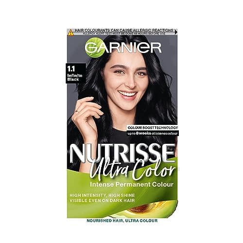 Image of Garnier Nutrisse Ultra Color Hair Dye, Vegan, 1.10 Infinite Black. Ensures 100% grey coverage and deep, endless shine with 8-week colour. No-ammonia, vegan formula for an intense, dramatic black.