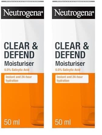 Image of Neutrogena Clear and Defend Moisturiser (2x 50ml), Oil-Free Daily Face Cream for Spot-Prone Skin, with Purifying 0.5% Salicylic Acid to Help Prevent Breakouts for Smoother, Softer & Clearer Skin