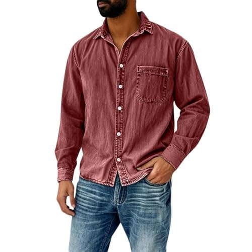Image of Generisch Men's Long-Sleeved Denim Shirt, Regular Fit, Vintage Work Shirt, Winter Casual Shirts, Kent Collar Shirt Jacket, Long Sleeve Shirt with Chest Pocket, Overshirt, Long Sleeve Shirt, O Red, M