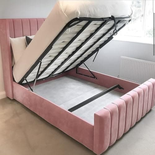 Image of Ottoman Bed Frame with Gas Lift Storage - Plush Velvet Upholstered - Single Double Kiing Super King - Hand Made in UK (Pink Plush, Single 3ft)