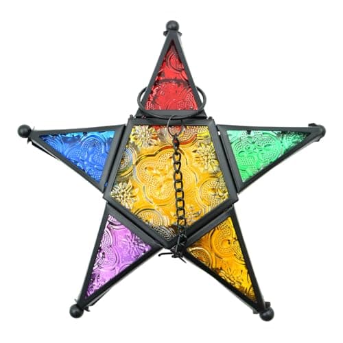 Image of Ieron Vintage Glass Star Lantern Hanging Ornaments Multi-colored Glass Lantern Colorful Tea Light Candle Holders for Home Decor Vintage Multi-Colored Candle Holders