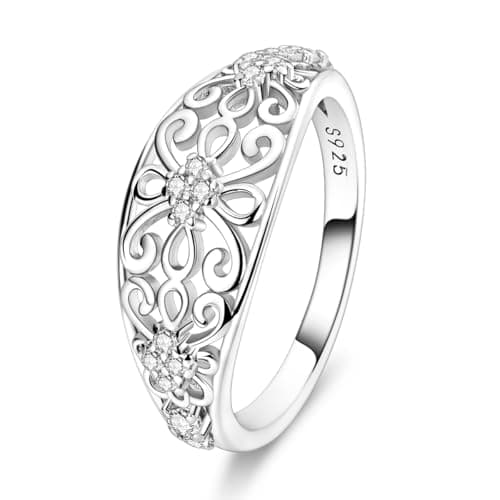 Image of Hapour 925 Sterling Silver Ring for Women, Victorian Leaf Filigree Vintage Ring with CZ Stones Simple Statement Eternity Rings Everyday Unique Wedding Band Size L1/2 - S