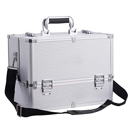 Image of Stagiant Extra Large Makeup Case Vanity Case Make up Organiser Professional Makeup Storage Cosmetic Organiser Case Lockable Storage Box Nail Polish Organiser 6 Trays and Shoulder Strap, Silver