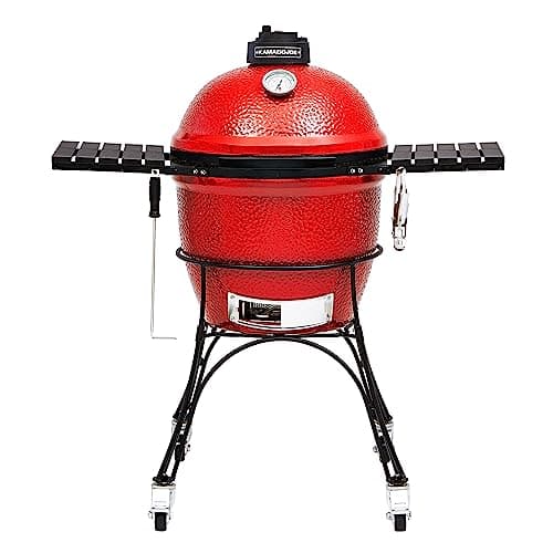 Image of Kamado Joe - Classic Joe I 18 Inch Charcoal Grill in Red with Cart, Side Shelves, Barbecue Tongs and Ashtray