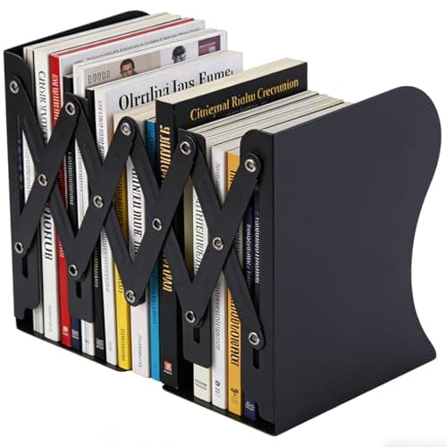 Image of Senshuomy Book Ends, Metal Bookends,Adjustable Non-Skid Heavy Duty Book Stopper, Bookends Holder for Shelves,Decorative Book Dividers for Library Home Classroom School Office (Black)