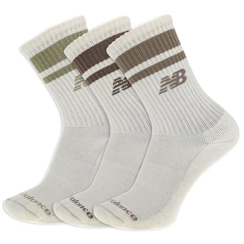 Image of New Balance Organic Cotton Crew Socks-3 Pairs-Arch Support Sport Essentials SOC, Cream Stripe, Large