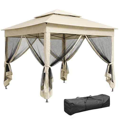 Image of Outsunny 3 x 3(m) Pop Up Gazebo, Double-roof Garden Tent with Netting and Carry Bag, Party Event Shelter for Outdoor Patio, Cream White