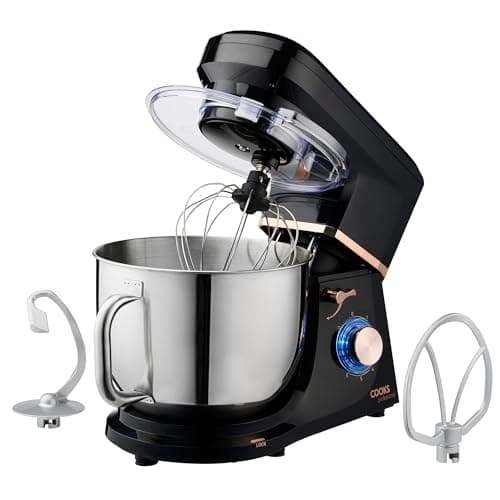 Image of Cooks Professional Stand Mixer 1200W with 6 Speeds & Pulse, 7L S-Steel Mixing Bowl, Splash Guard, Whisk, Beater & Dough Hook | Electric Kitchen Mixer for Cakes, Bread, Baking | Black & Rose Gold