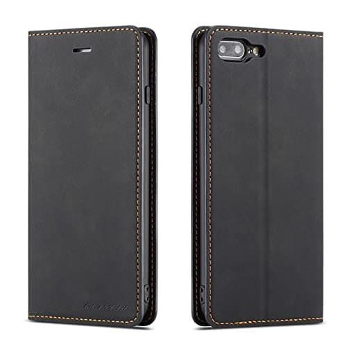 Image of QLTYPRI Case for iPhone 7 Plus 8 Plus, Premium PU Leather Cover TPU Bumper with Card Holder Kickstand Hidden Magnetic Adsorption Flip Wallet Case Cover - Black