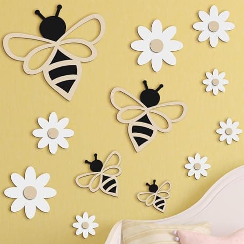 Image of Wasise Bee Wall Art - 12PCS Wooden Bee Decor, Boho Daisy Flower Decor, Floral Walls Decor, Daisy Wall Art Hanging Floral Walls Sign for Nursery Indoor Outdoor Garden Yard Kitchen Housewarming Gifts