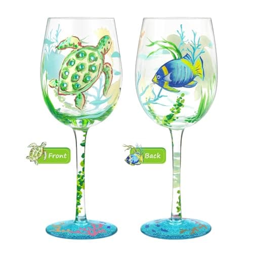 Image of NymphFable 100% Hand-Painted Wine Glass Oceans Turtles Seagrasses Glass Artisan Painted Glass 15oz Gift for Friend Family (1 Piece)