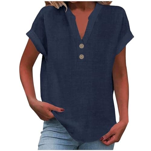 Image of Womens Short Sleeve Blouses and Shirts Classic Short Sleeve Tees to Wear with Leggings Womens Cotton Linen Tops Ladies Vest T Shirts Size 16 Gym Sport Workout 2025 Fashion Y2K Clothes Plus Size Navy