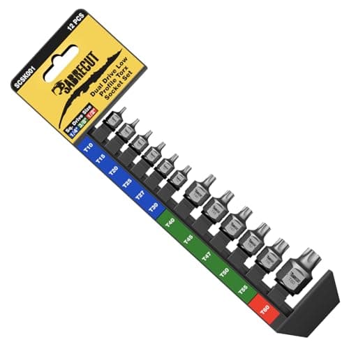 Image of 1 x SabreCut SCSK001 12pc Dual Drive Super Short Torx Bit Socket Set T10–T60 – Ultra Low Profile, 1/4" 3/8" 1/2" Square Drive + External Hex, S2 Impact Steel, Zinc Phosphate, Storage Rail