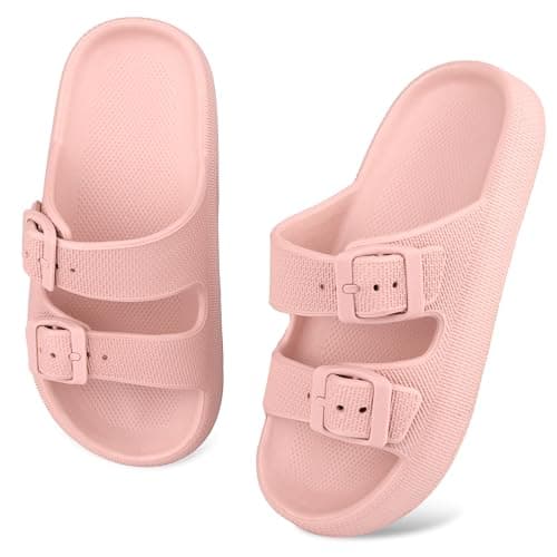 Image of WYSFLY Kids Cloud Slides Boys Girls Adjustable Double Buckle EVA Flat Sandals Summer Pillow Slippers Shower Beach Pool Sliders Pink 4 UK