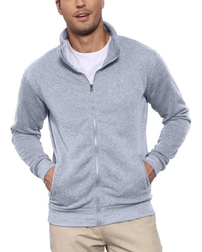 Image of Hoefirm Men's Cardigan Full Zip Up Jumpers Jacket Sweatshirt Polo Long Sleeve Top Stand Collar Casual Lightweight with Pockets LightGrey L