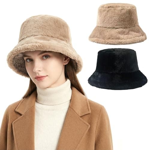 Image of EDLMKM JSTHHTT 2PCS Winter Warm Furry Bucket Hat, Women Fluffy Fisherman Hat, Women's Fur Bucket Hat, Winter Warmer Plush Fisherman Cap, or Women Girls and Couples Black