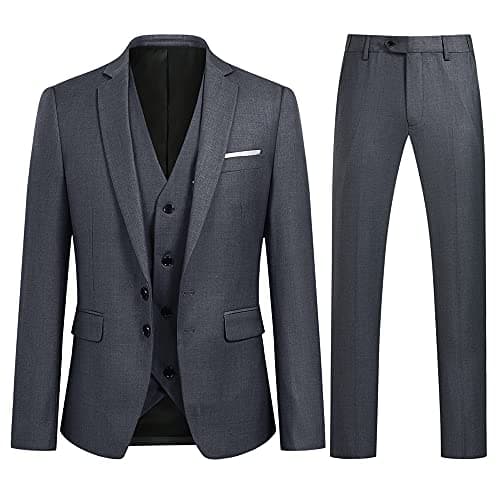 Image of YOUTHUP Mens Slim Fit 3 Piece Suit 2 Button Business Wedding Suits Tuxedo Blazer Waistcoat Trousers, Grey, M