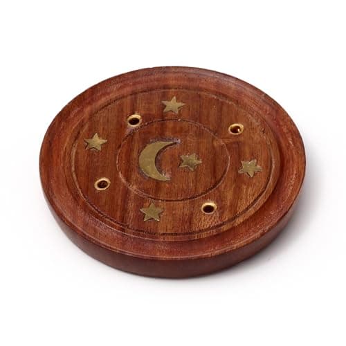 Image of Puckator Sheesham Wood Round Ashcatcher Incence Burner with Moon & Stars Inlay - Zen Spiritual Modern Gothic Home Room Decor Decorations Meditation Accessories Stick Sticks Cone Holder Burner Burners