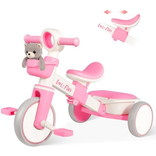 Image of LOL-FUN Kids Tricycle for 1 2 3 Year Olds, Adjustable Baby Trike for Boys Girls Toys Gift Age 2-4, Toddler Bike with Storage Baskets & Removable Pedals (Pink)