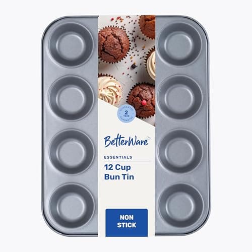 Image of BetterWare Essentials 12 Cup Non-Stick Bun Tin | Low-Carbon Steel | Dishwasher & Freezer Safe | Stackable Design