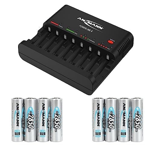 Image of ANSMANN Powerline 8 battery charger with UK & EU Plugs | 8 way fast charger to charge and discharge NiMH rechargeable batteries | with 8 x AA 2850mAh NiMH batteries