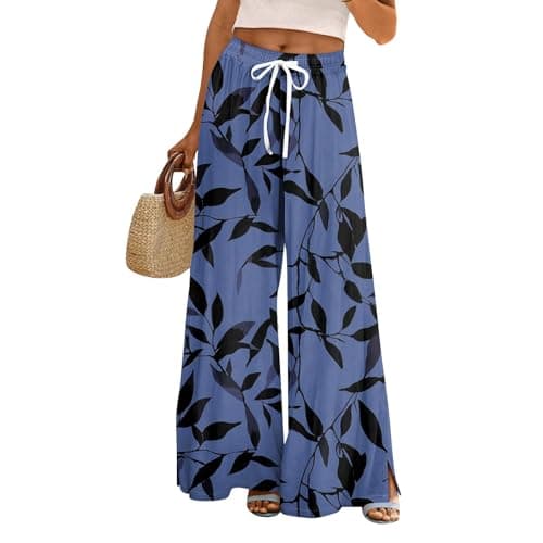 Image of Ladies Summer Trousers Botanical Printed Wide Leg Palazzo Trousers with Elasticated Waist Womens Lightweight Palazzo Pants with Side Slits Flowy Casual Beach & Holiday Trousers Blue
