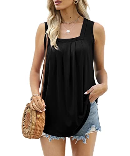 Image of Aokosor Vests for Women Square Neck Summer Tops Ladies Pleated Sleeveless Tank Black Plus Size 22-24