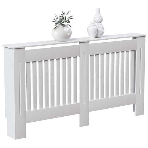 Image of Vida Designs Chelsea Radiator Cover White - Large - Modern Vertical Slat Design For Optimal Heat Circulation - H82xW152xD19cm - Painted MDF Cabinet Ideal For Living Room & Hallway