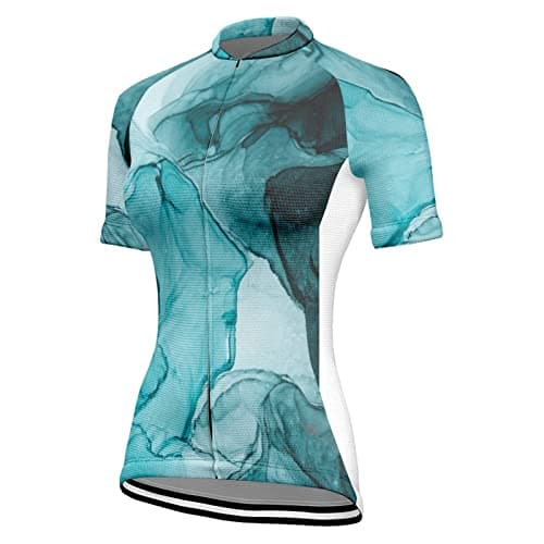 Image of Chickwin Womens Cycling Tops Short Sleeve, Marble Print Summer Cycling Jerseys Ladies Breathable Mesh Quick Dry Mountain Bike Jersey Bicycle t Shirt MTB Bike Cycling Clothing Blue