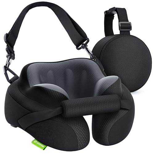 Image of AUVON Travel Neck Pillow with Chin-Support Design & Straps to Airplane Seat, Stabilize Head for Relaxing Sleeping Rest, Ear-Friendly Memory Foam Neck Pillow for Travel, Breathable Cool Fabric
