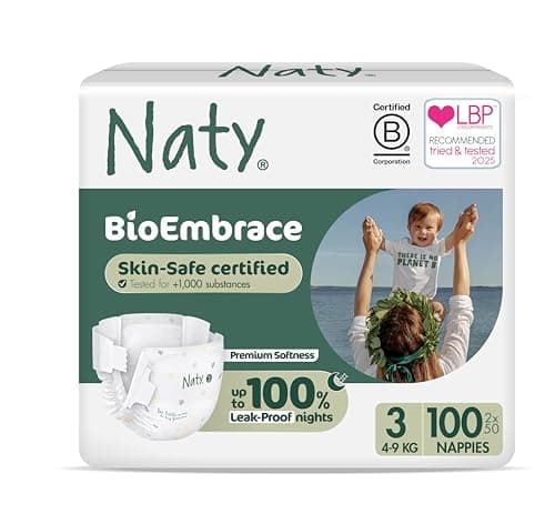 Image of Naty BioEmbrace Baby Nappies | Sensitive Skin Safe Certified | Leak Protection up to 100% | Plant-Based Softness, Premium Comfort | Chlorine-Free | Size 3 (4–9kg), 100 Count