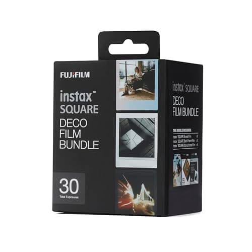 Image of instax SQUARE film Deco film bundle, 30 shots containing 1 x 10 shot pack of Black and Sunset design borders and 1 x 10 shot Monchrome
