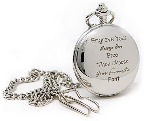 Image of Regalo Personalised Silver Pocket Watch – Engraved Front Back & Lid Free Text, Birthday Wedding Christening Christmas Gift, 12in Albert Chain, 45mm Quartz Fob (Front & Back & Gift Box Engraving)