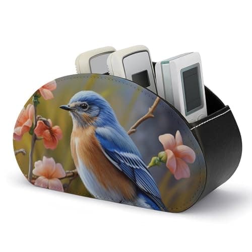 Image of Rkklvbns PU Leather Remote Organizar Box for Office, Eastern Bluebird TV Remote Control Holder with 5 Compartments, Anti-slip Desktop Remote Caddy Storage for DVD, Blu-Ray, Media Player