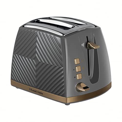 Image of Russell Hobbs Groove 2 Slice Toaster (High Lift, Extra Wide Slots, 6 Browning levels, Frozen/Cancel/Reheat function - Illuminated buttons, Removable crumb tray, 850W, Grey, Brushed gold accents) 26392