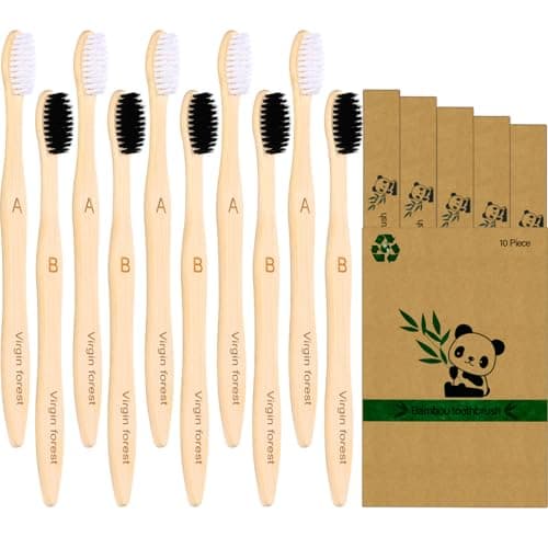 Image of Bamboo Toothbrushes, 10 Pcs Eco Friendly Biodegradable Toothbrush with Soft Bristles 5 Black & 5 White
