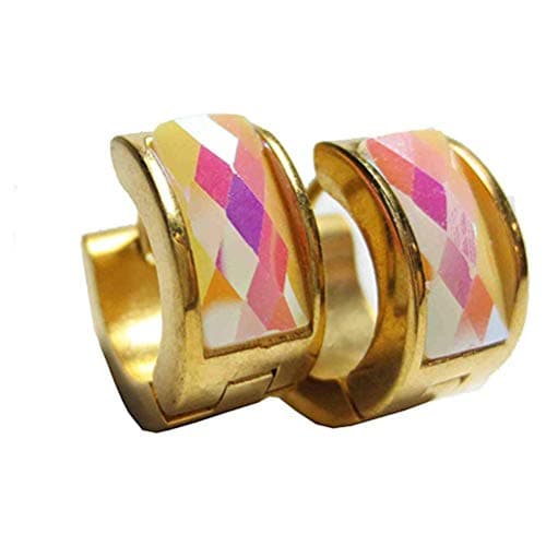 Image of OAKKY Jewellery Mens and Womens AB Rainbow Crystal Diamond Gold 316L Stainless Steel Studs Huggie Hoop Earrings, Vintage Punk