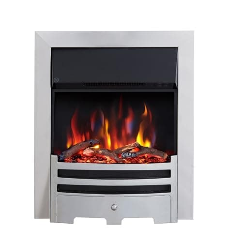 Image of FLAMEKO Verona 16" Electric Fireplace Insert, Logs and Black Chips Included 2kW Heater, Chrome Trim, Bauhaus Fret, 9 Colour Flame Effect, Remote