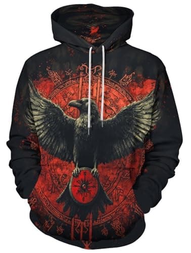 Image of JooMeryer Men's Viking Totem 3D Print Long Sleeve Hoodies Pullover Sweatshirt, Red Runes Raven, 3XL