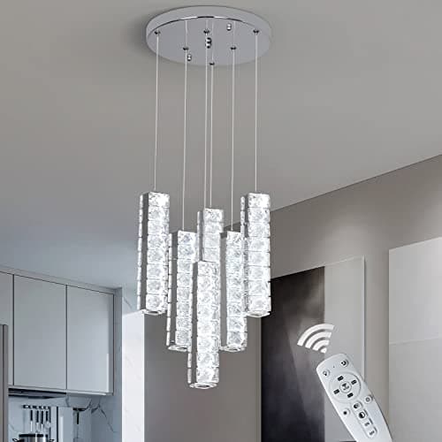 Image of Vinilky Crystal Pendant Light, 3 Color Dimmable LED Hanging Light Height Adjustable Modern Pendant Ceiling Light Fixture for Kitchen Island, Dining Room, Living Room, Bedroom (6-Lights, with Remote)