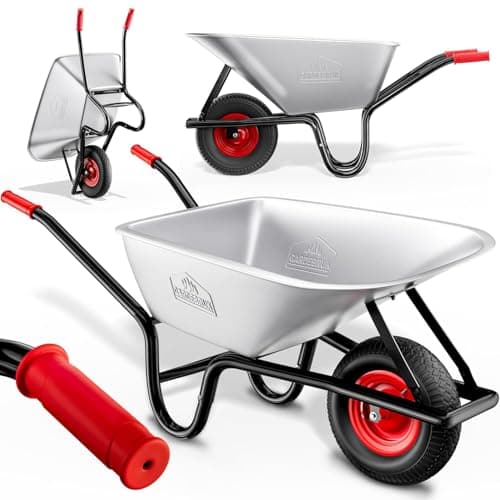 Image of GARDEBRUK® Heavy Duty Wheelbarrow 100L | Pneumatic Tyre | 250KG Max Capacity | Steel Rim | Durable Garden Trolley for Transporting Grass Seed, Garden Tools, Compost, Mulch, Gravel | Silver & Red
