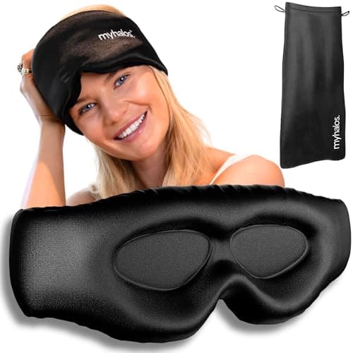 Image of MyHalos® 3D Mulberry Silk Sleep Mask for Women & Men with Cups, Blackout - Silk Eye Masks for Sleep Anywhere, Travel, Night, Face, Side - Eye Cover, Sleeping Mask, Eyemask, Sleepmask, Black