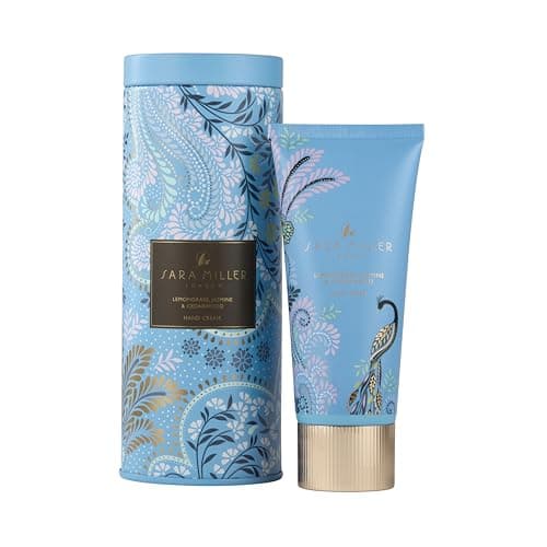 Image of Sara Miller London Hand Cream 100ml in a Blue Tin, Shea Butter, Scented with Jasmine and Cedarwood, Skin Moisturiser, Travel Size, Cruelty and Vegan Free, Beauty Gift for Her