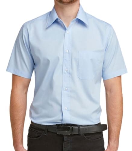 Image of Double TWO Men's Short Sleeve Dress Shirt Easy Care Classic Fit Formal Plain Business Shirt - Glacier, 15.5in Collar
