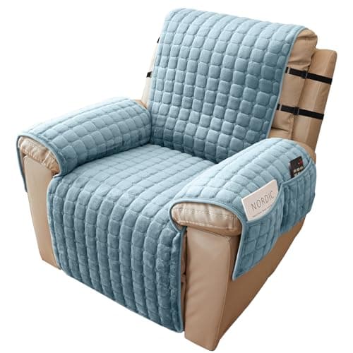 Image of Alishomtll Velvet Recliner Chair Cover, Armchair Cover Armrest Cover 1 Seater, Washable Sofa Slipcover Non Slip Furniture Protector for Living Room, with 4 Pockets 2 Elastic Straps (53x190cm Blue)