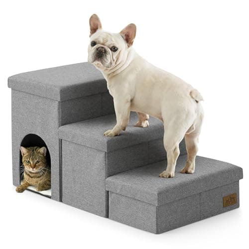 Image of COZY KISS Dog Steps for Small Dogs with Storage&Hole, Foldable Pet Stairs with Leakproof Cover for Bed, Older Cat Ramp for Sofa Chair Couch, Lightweight, Comfort, 32.7x17x17 inch, 3 Tiers, Grey